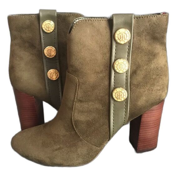 Tommy Hilfiger Boots Women Size 8M Green Suede Side Zipper Three Button Detail - Picture 1 of 10
